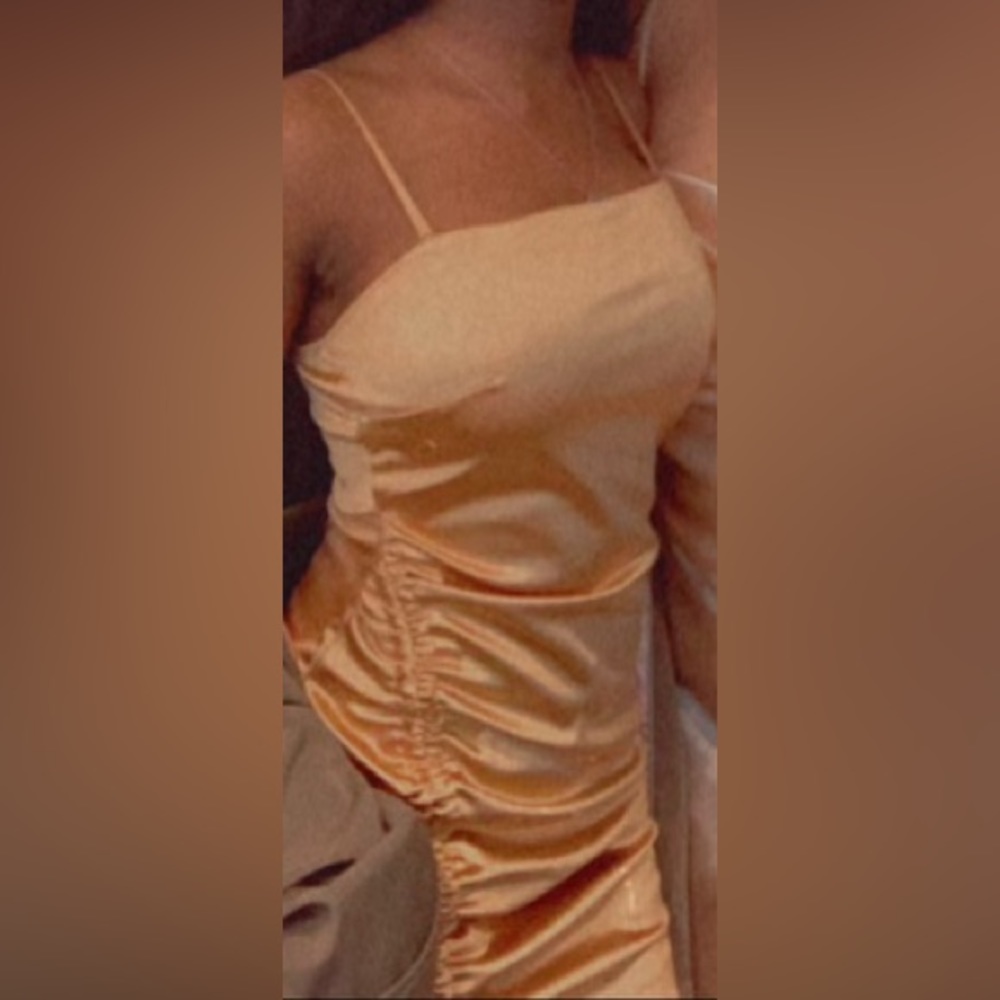 Gold, mini body con dress.